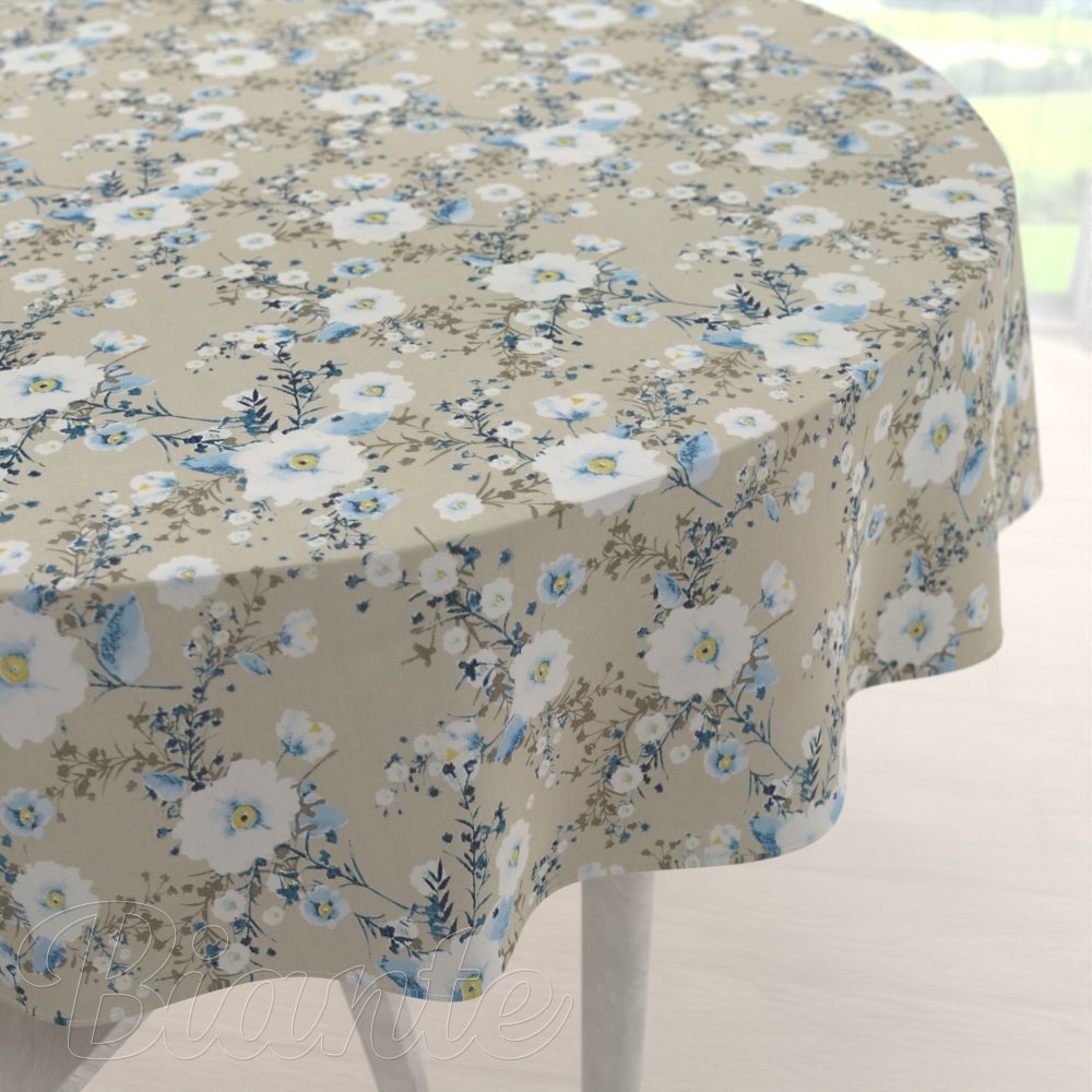 Bavlněný kulatý ubrus Sandra SA-552 Modré pnoucí květy na béžovém - Biante.cz