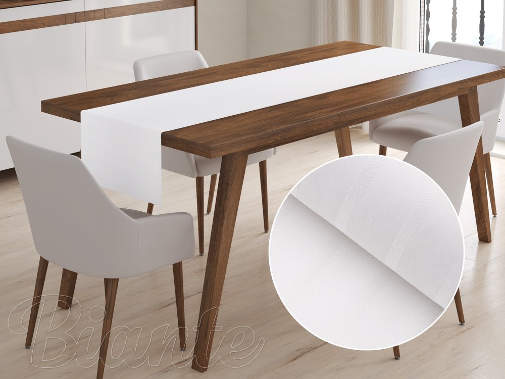 Damaškový behúň na stôl DM-002 Biely - pásiky 6 a 24 mm - Biante.sk