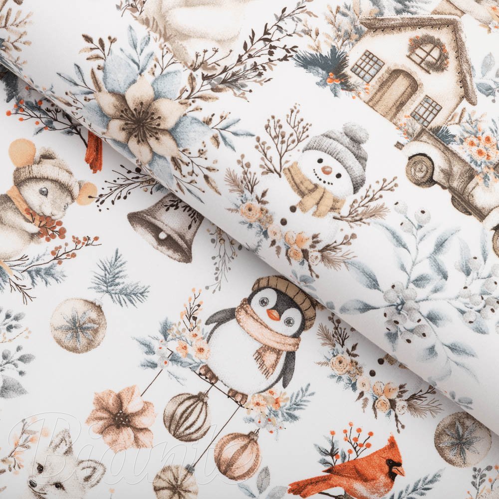 Bavlněná látka/plátno Sandra SA-708 Zimní pohádka modro-šedo-hnědá na bílém - šířka 160 cm - Biante.cz