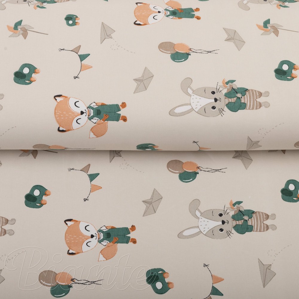 Detská bavlnená látka/plátno Sandra SA-701 Zajačiky a líšky s balónikmi - zelené na svetlo béžovom - šírka 160 cm - detail 2 - Biante.sk