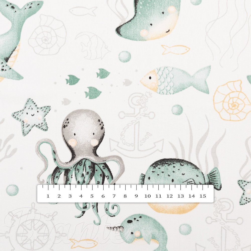 Dětská bavlněná látka/plátno Sandra SA-688 Mořský svět zelený na bílém - šířka 160 cm - detail 3 - Biante.cz