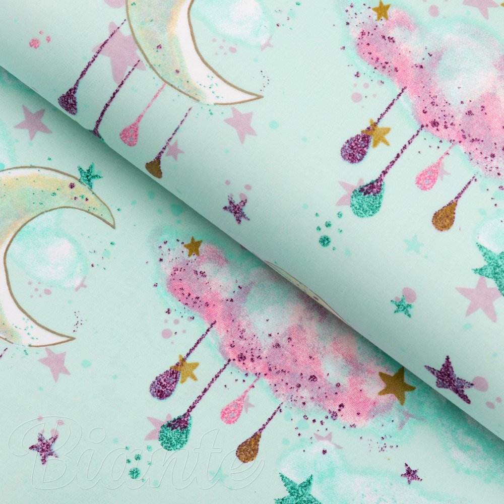 Dětská bavlněná látka/plátno Sandra SA-522 Měsíční obloha na mintovém - šířka 160 cm - Biante.cz