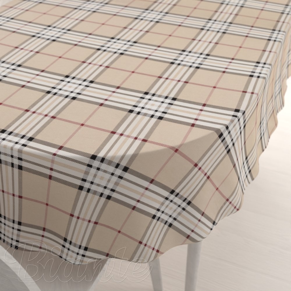 Bavlněný oválný ubrus Sandra SA-548 Černo-červeno-bílé káro na béžovém - Biante.cz