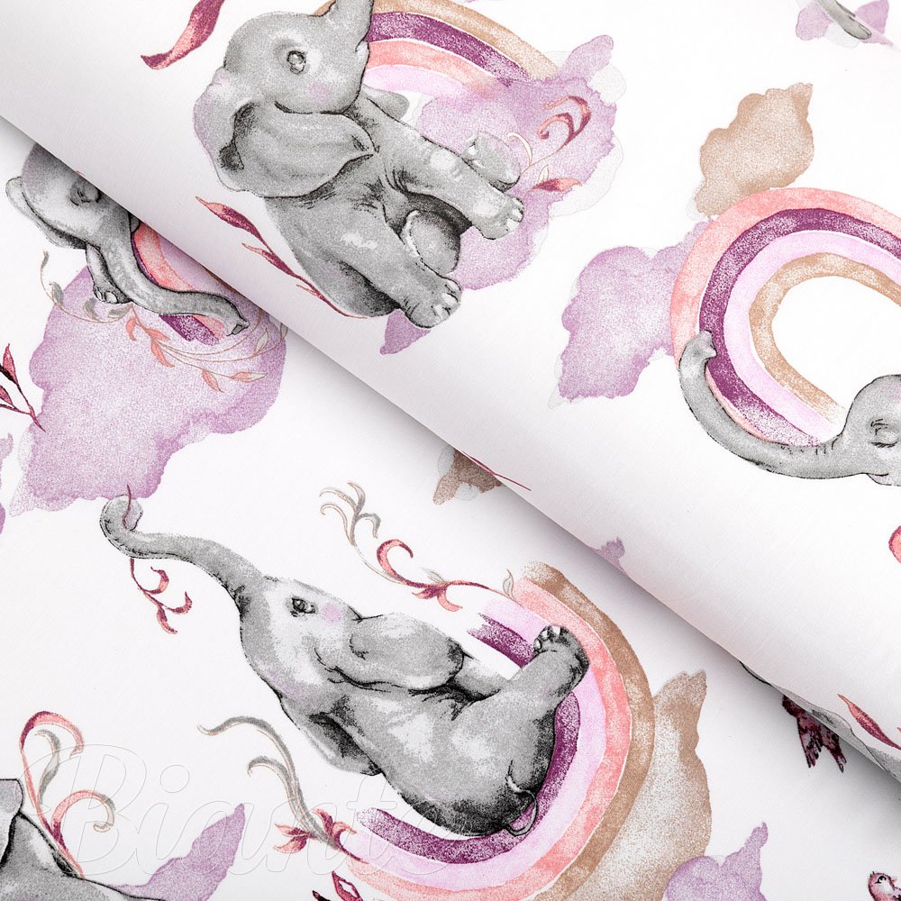 Dětská bavlněná látka/plátno Sandra SA-464 Sloni s fialovou duhou na bílém - šířka 160 cm - Biante.cz