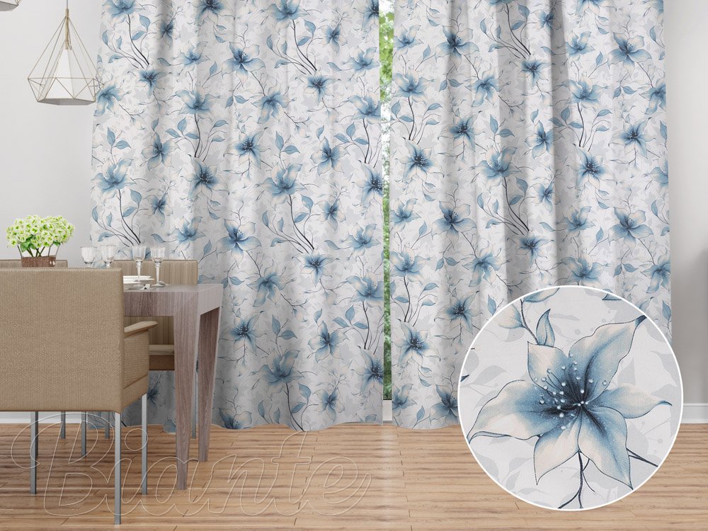 Bavlněný závěs na míru Sandra SA-737 Modro-šedé květy vanilky na bílém - Biante.cz