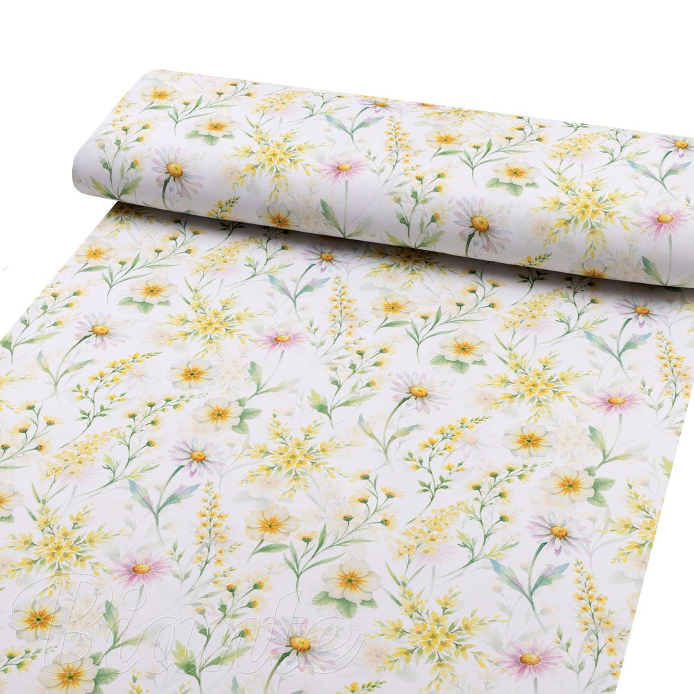 Teflonová látka na ubrusy TF-135 Malované žluto-zelené luční kvítí na bílém - šířka 155 cm - detail 1 - Biante.cz