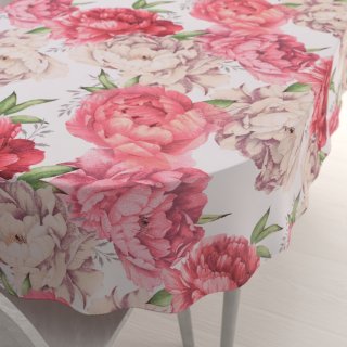 Bavlněný oválný ubrus Sandra SA-746 Velké růžovo-béžové pivoňky na bílém - Biante.cz
