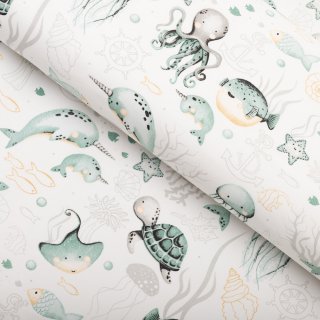 Detská bavlnená látka/plátno Sandra SA-688 Morský svet zelený na bielom - šírka 160 cm - Biante.sk Detská bavlnená látka/plátno Sandra SA-688 Morský svet zelený na bielom - šírka 160 cm - Biante.sk