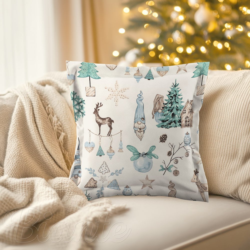 Bavlněný povlak na polštář s lemem Sandra SA-662 Modro-zeleno-hnědý vánoční vzor - detail 1 - Biante.cz