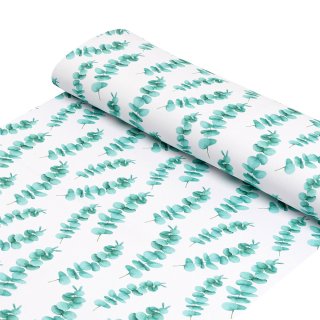 Teflonová látka na ubrusy TF-089 Tyrkysové listy eukalyptu na bílém - šířka 155 cm - detail 1 - Biante.cz