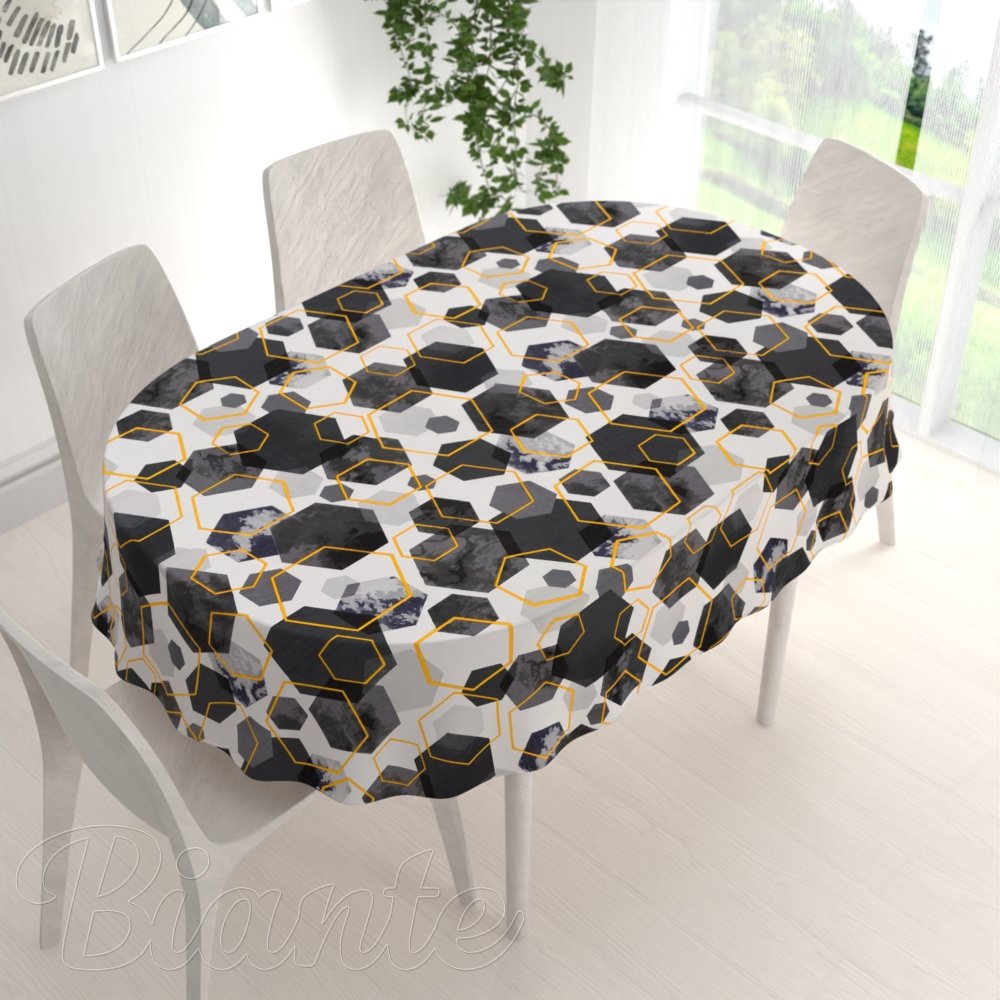 Bavlněný oválný ubrus Sandra SA-568 Šedo-modrofialové mramorové hexagony na bílém - detail 1 - Biante.cz