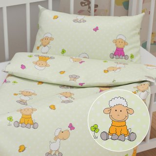 Dětské bavlněné povlečení do postýlky Sandra SA-729 Veselé ovečky na světle zeleném puntíkovaném - Biante.cz