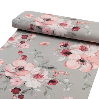 Bavlněná látka/plátno Sandra SA-750 Velké růžovo-vínové květy na zelenošedém - šířka 160 cm - detail 1 - Biante.cz