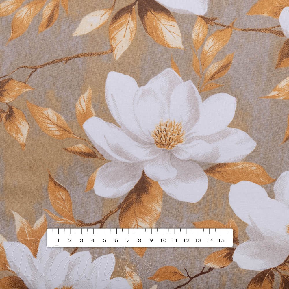 Bavlněná látka/plátno Sandra SA-717 Bílé květy magnolie na hnědošedém - šířka 160 cm - detail 3 - Biante.cz