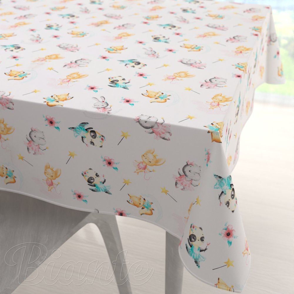 Dětský bavlněný čtvercový ubrus Sandra SA-671 Zvířátka baletky na bílém - Biante.cz