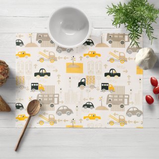 Dětské bavlněné prostírání na stůl Sandra SA-672 Žlutá a šedohnědá auta ve městě na bílém - Biante.cz Dětské bavlněné prostírání na stůl Sandra SA-672 Žlutá a šedohnědá auta ve městě na bílém - Biante.cz