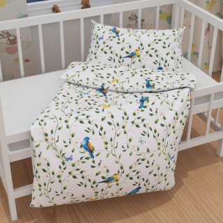 Dětské bavlněné povlečení do postýlky Sandra SA-501 Modří ptáčci a větvičky na bílém - detail 1 - Biante.cz