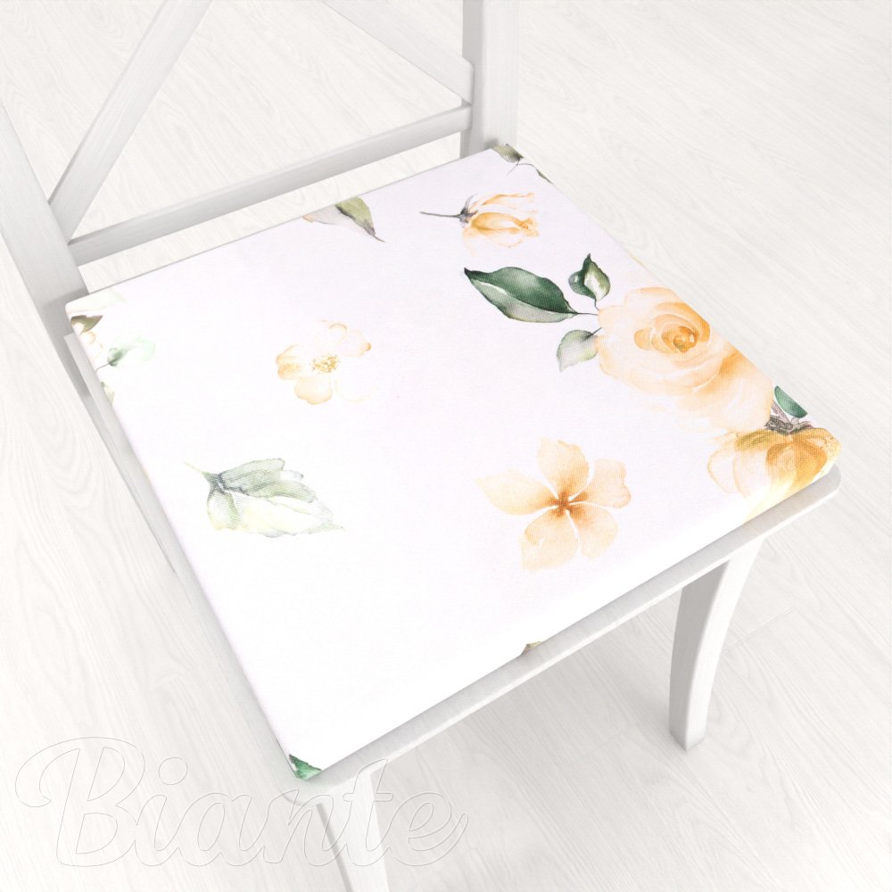 Teflonový čtvercový podsedák TF-043 Žluté růže na bílém - 38x38x3 cm - Biante.cz