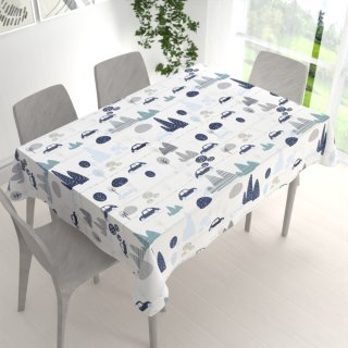 Dětský bavlněný obdélníkový ubrus Sandra SA-685 Modrá auta mezi stromy na bílém - detail 1 - Biante.cz