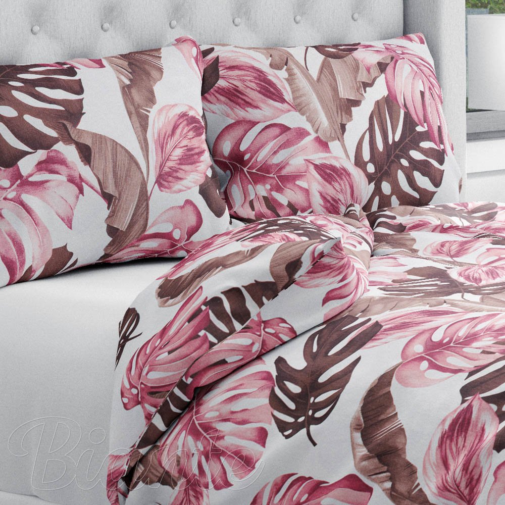 Bavlnené posteľné obliečky Sandra SA-227 Hnedé a staroružové tropické listy na bielom - Biante.sk