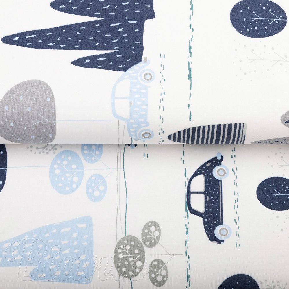 Dětská bavlněná látka/plátno Sandra SA-685 Modrá auta mezi stromy na bílém - šířka 160 cm - detail 2 - Biante.cz