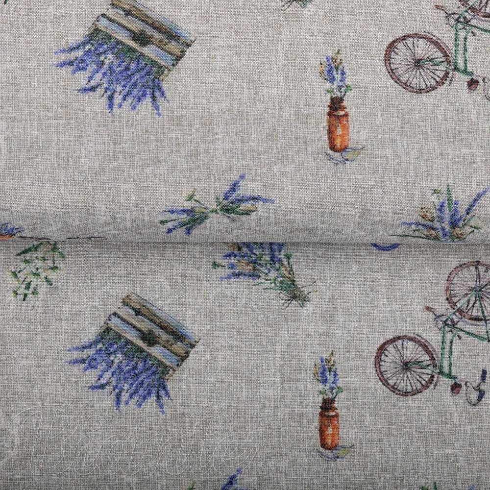 Dekorační látka PML-097 Levandule a kola na šedém režném - šířka 150 cm - detail 2 - Biante.cz