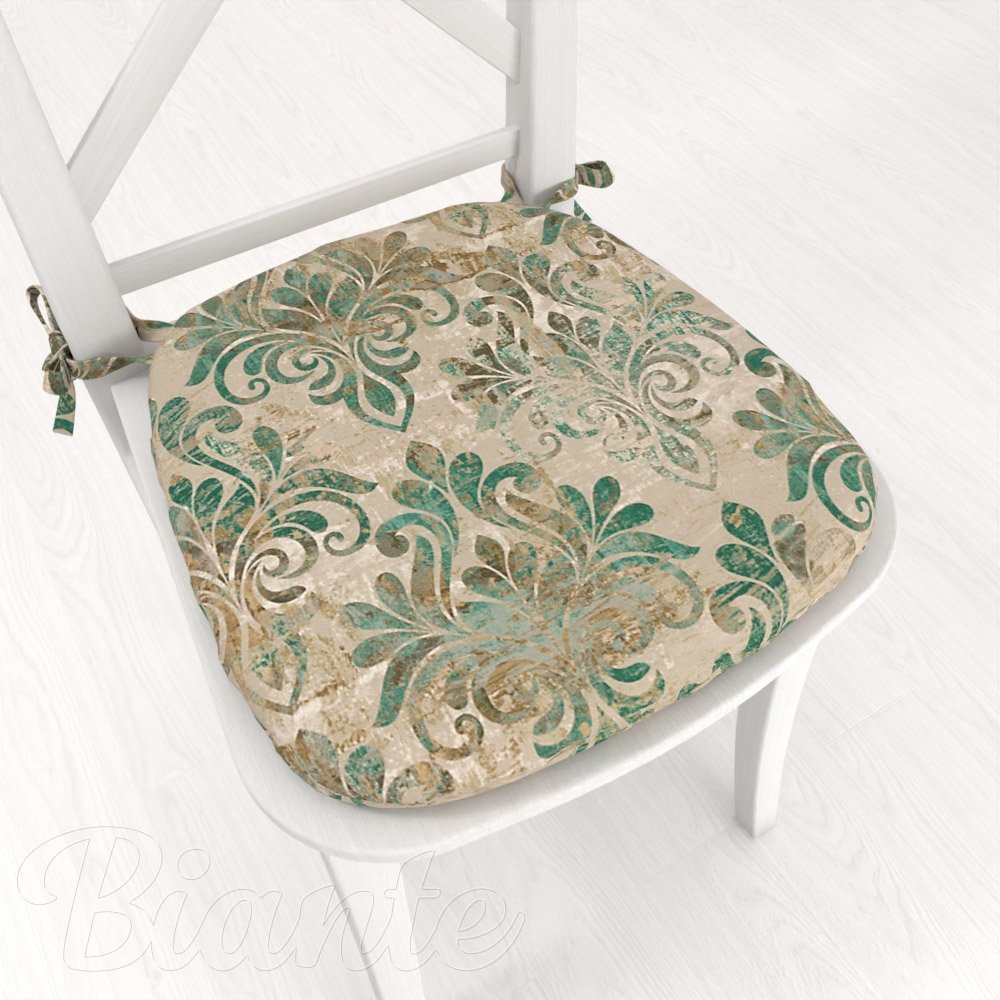 Sametový oblý podsedák Tamara TMR-049 Hnědo-zelený zámecký vzor na světle hnědém - 39x37x3 cm - Biante.cz
