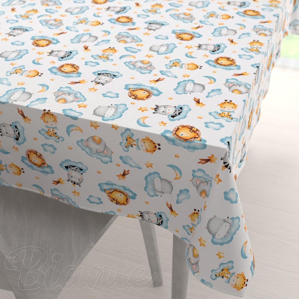 Dětský bavlněný obdélníkový ubrus Sandra SA-693 Africká zvířátka na modrých obláčcích na bílém - Biante.cz