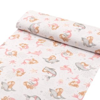 Dětská bavlněná látka/plátno Sandra SA-527 Růžové mořské panny s delfíny a velrybami na bílém - šířka 160 cm - detail 1 - Biante.cz