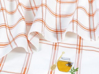 Kuchynská vaflová utierka s výšivkou Med - oranžové káro