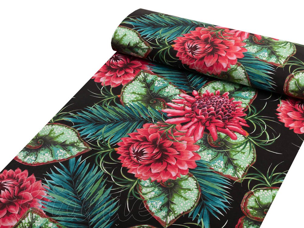 Bavlněná látka/plátno Sandra SA-566 Velké tropické květy a listy na černém - šířka 160 cm - detail 1 - Biante.cz