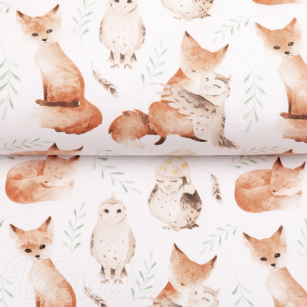 Detská bavlnená látka/plátno Sandra SA-523 Líšky a sovy na bielom - šírka 160 cm - detail 2 - Biante.sk