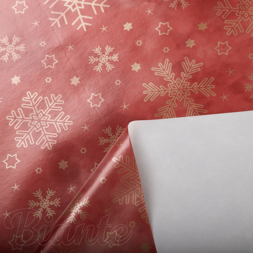 Vianočný PVC obrus Zlaté vločky na tehlovo červenom PV-188 - metráž š. 140 cm - detail 3 - Biante.sk