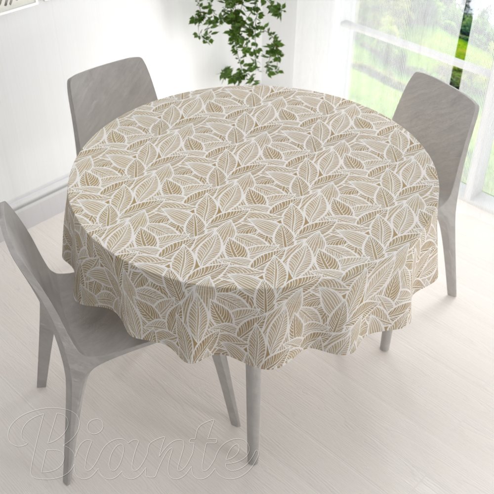 Dekorační kulatý ubrus Leona LN-168 Bílé listy na světle hnědém - detail 1 - Biante.cz