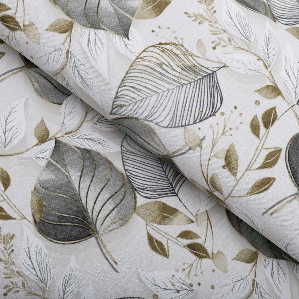Dekorační látka Leona LN-173 Šedé listy na režném - šířka 140 cm a 280 cm - Biante.cz