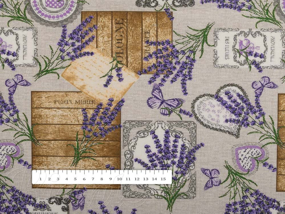 Dekorační látka PML-099 Levandule s motýlky a srdíčky na béžovém - šířka 150 cm - detail 4 - Biante.cz Dekorační látka PML-099 Levandule s motýlky a srdíčky na béžovém - šířka 150 cm - detail 4 - Biante.cz