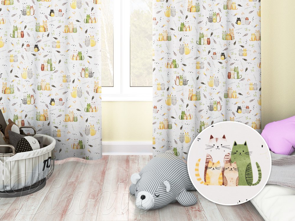 Dětský bavlněný závěs na míru Sandra SA-652 Kočičí svět zeleno-žlutý na bílém - Biante.cz