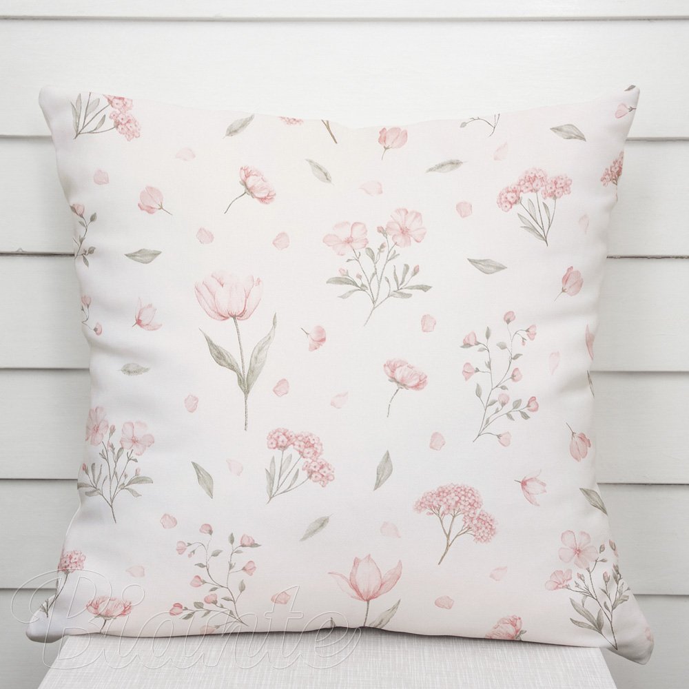 Bavlněný povlak na polštář Sandra SA-741 Růžové jarní květy na bílém - Biante.cz