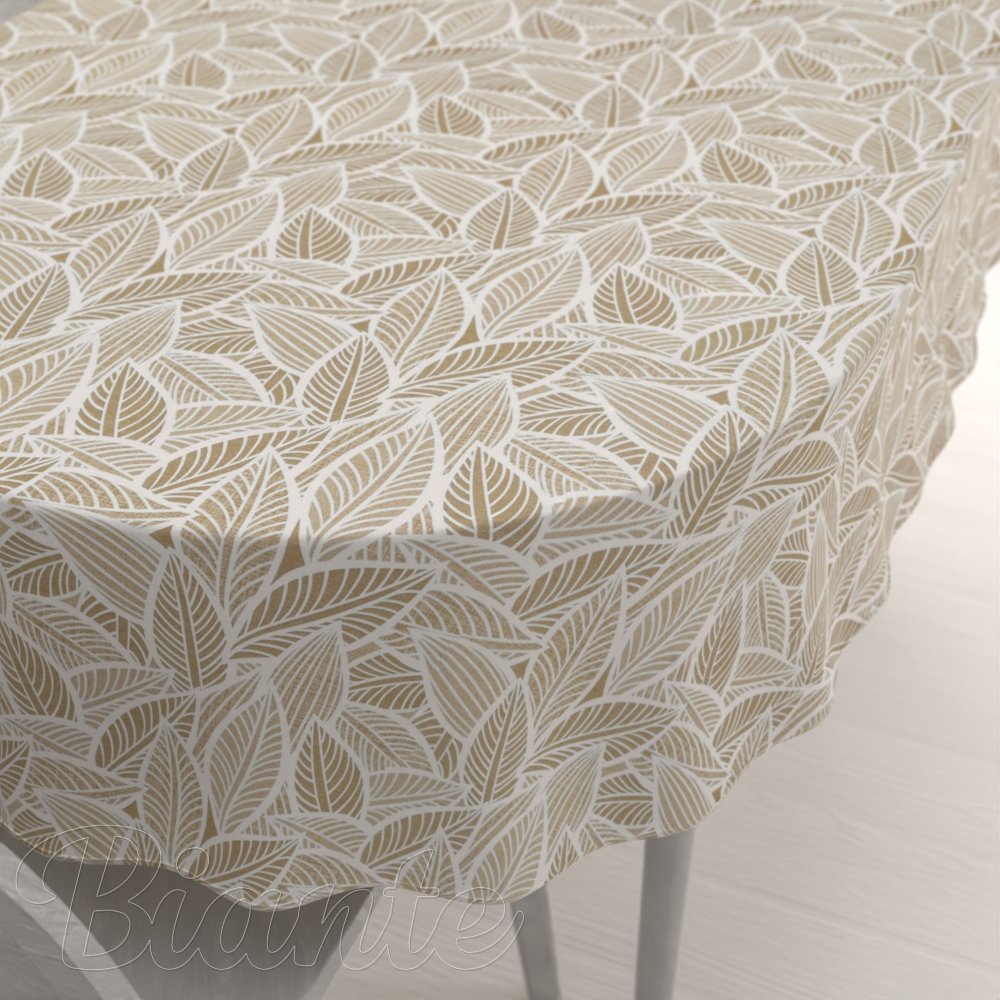 Velký dekorační oválný ubrus Leona LN-168 Bílé listy na světle hnědém - Biante.cz
