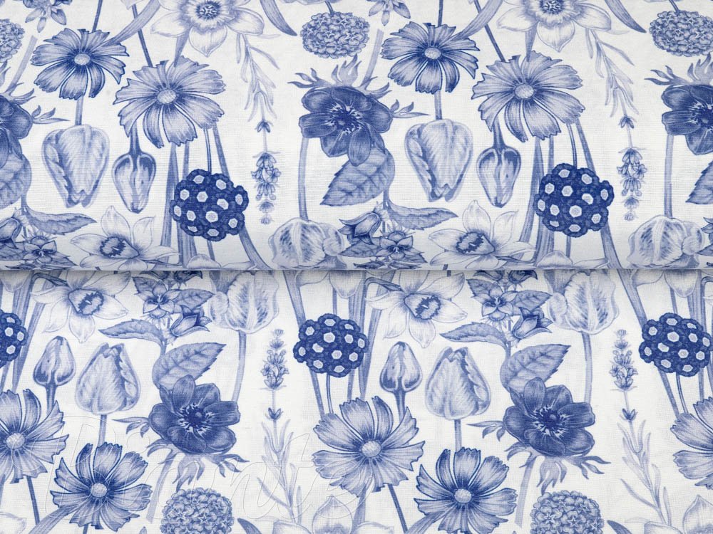 Dekorační látka PML-090 Modré jarní květiny na bílém - šířka 150 cm - detail 2 - Biante.cz