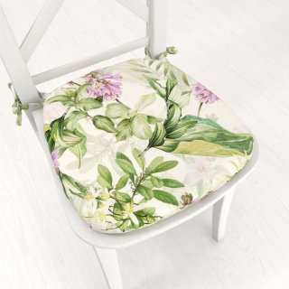 Zamatový oblý podsedák Tamara TMR-035 Fialové zvončeky s listami na bielom - 39x37x3 cm - Biante.sk