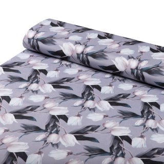 Dekoračná látka PML-034 Biele tulipány na sivom - šírka 150 cm