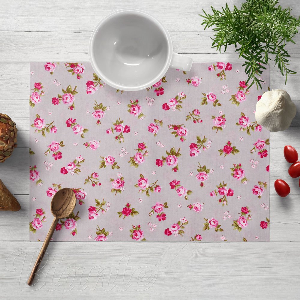 Bavlněné prostírání na stůl Sandra SA-343 Růžové růžičky na šedém - Biante.cz