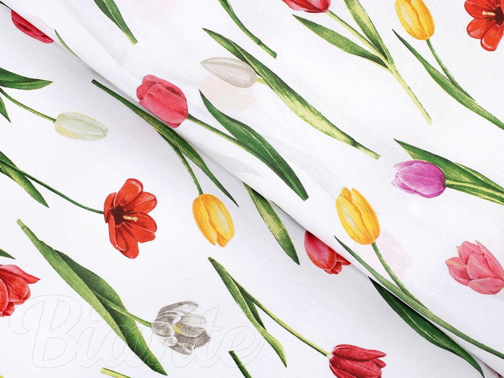 Bavlněná látka/plátno Sandra SA-506 Tulipány na bílém - šířka 220 cm - Biante.cz