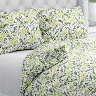 Bavlněné ložní povlečení Sandra SA-426 Zelené větvičky s lístky na bílém - Biante.cz