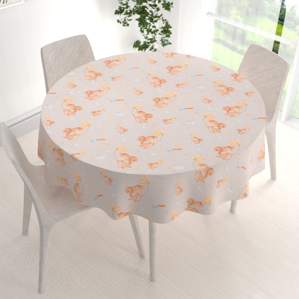 Dětský bavlněný kulatý ubrus Sandra SA-525 Veverky s květinami na šedobéžovém - detail 1 - Biante.cz