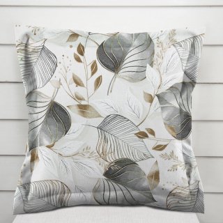 Dekorační povlak na polštář s lemem Leona LN-173 Šedé listy na režném - Biante.cz