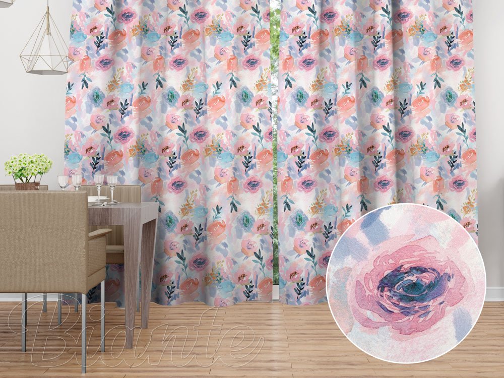 Sametový závěs Tamara TMR-030 Růžovo-modré akvarelové květy - Biante.cz