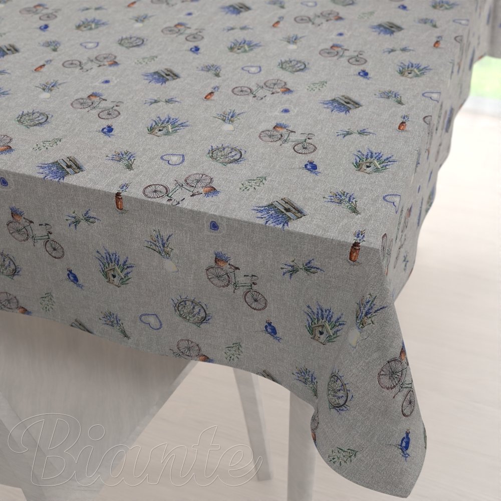 Dekorační obdélníkový ubrus PML-097 Levandule a kola na šedém režném - Biante.cz