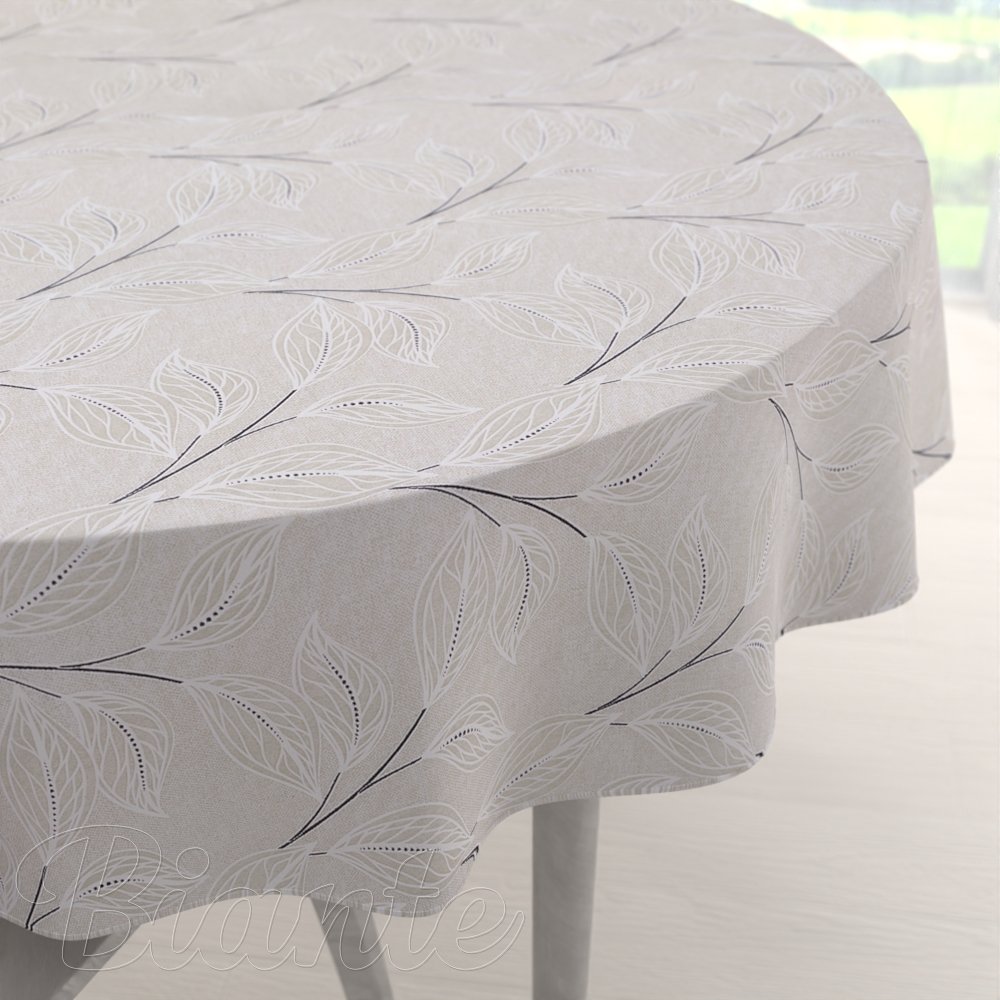 Velký dekorační kulatý ubrus Leona LN-164 Pnoucí lístky na režném - Biante.cz